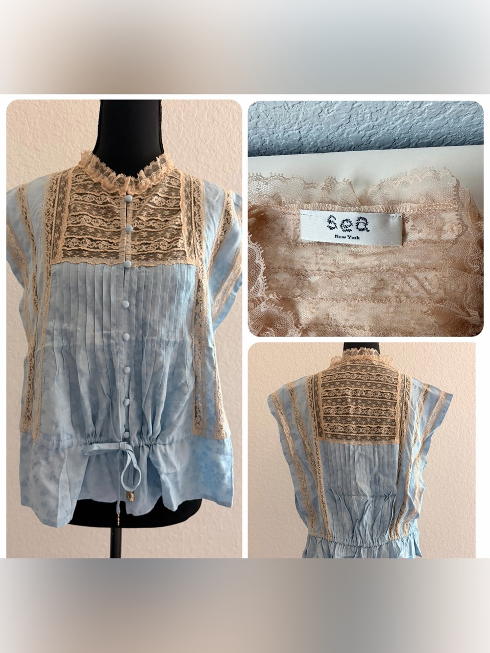 Sea New York Ethel Top Light Blue Beige Lace Drawstring Blouse | Spare Button